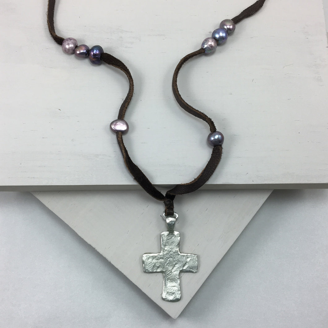 Handmade Cross on Freshwater Pearl and Leather Necklace