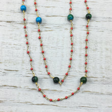 Handmade Gemstone Necklace of Red Coral with Green/Blue Howlite Accents 