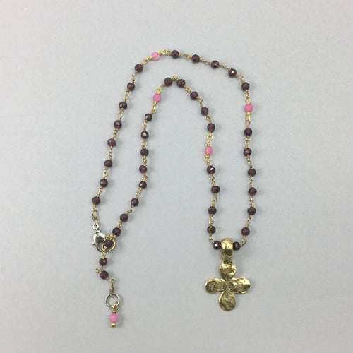 Handmade Cross Necklace with Garnet Rosary Beads