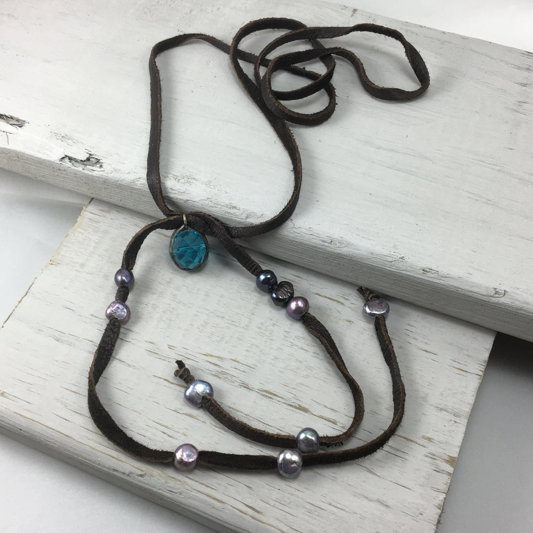 Freshwater Pearl and Leather Necklace with Turquoise Crystal Charm