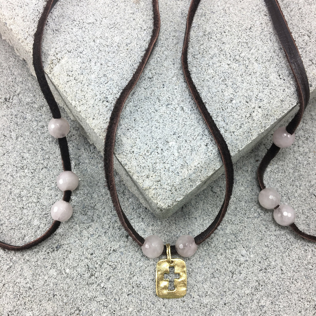 Unique Cross Jewelry Pendant on Freshwater Pearl and Leather Necklace with Rose Quartz Accents