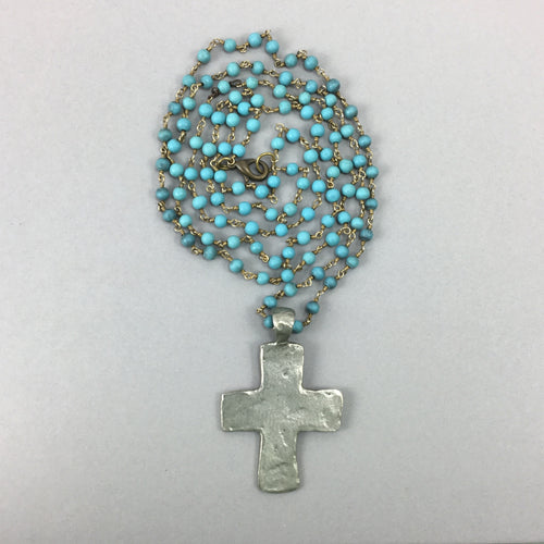 Handmade Silver Cross on Long Turquoise Gemstone Necklace