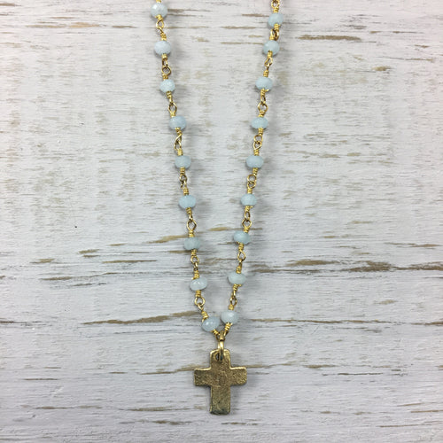 Dainty Cross on Sea Blue Chalcedony Necklace
