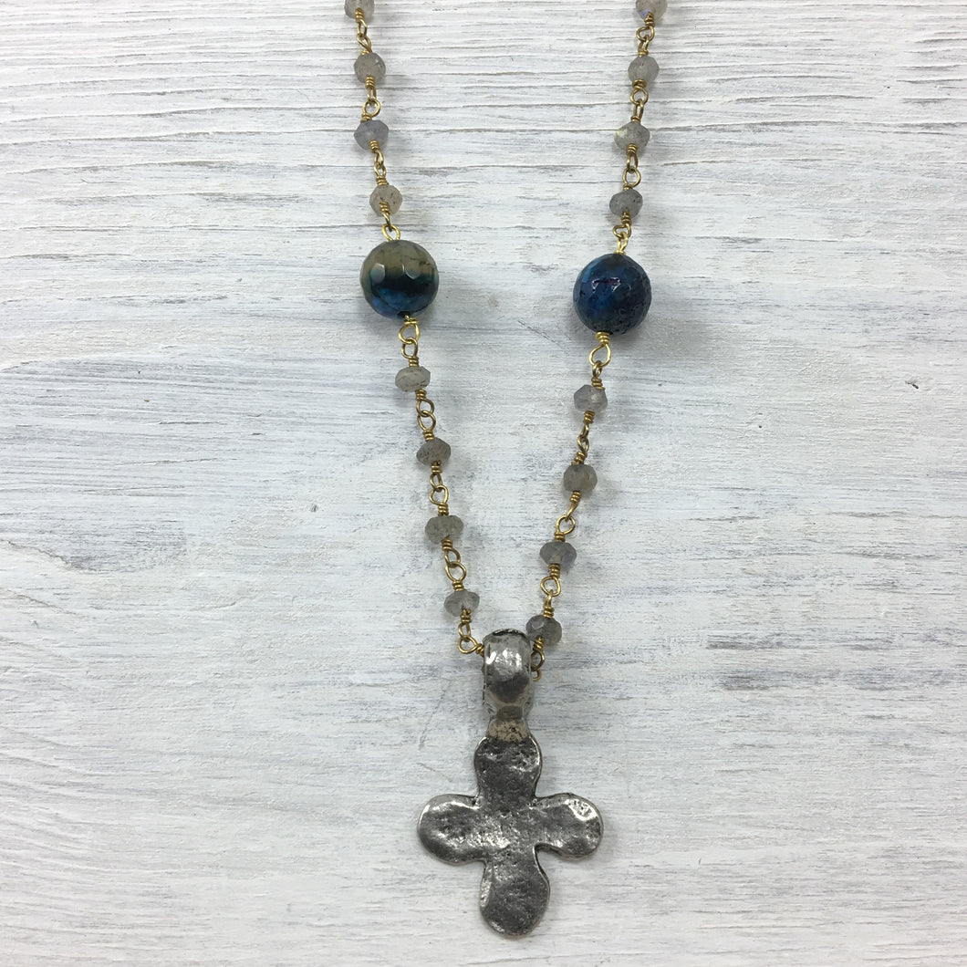 Handmade Cross Necklace on Labradorite Gemstone with Blue/Green Agate Accents