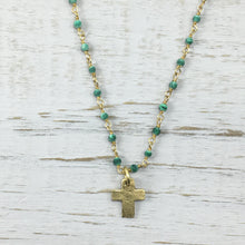 Dainty Cross on Handmade Gemstone Necklace of Malachite with Rose Agate Accents