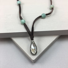 Unique Leather Necklace with Amazonite Gemstones and Crystal Drop Charm