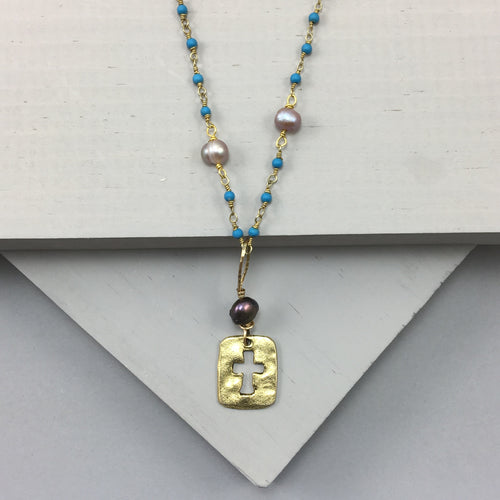 Gold Cross Pendant on Handmade Gemstone Necklace of Turquoise and Pearl Accents