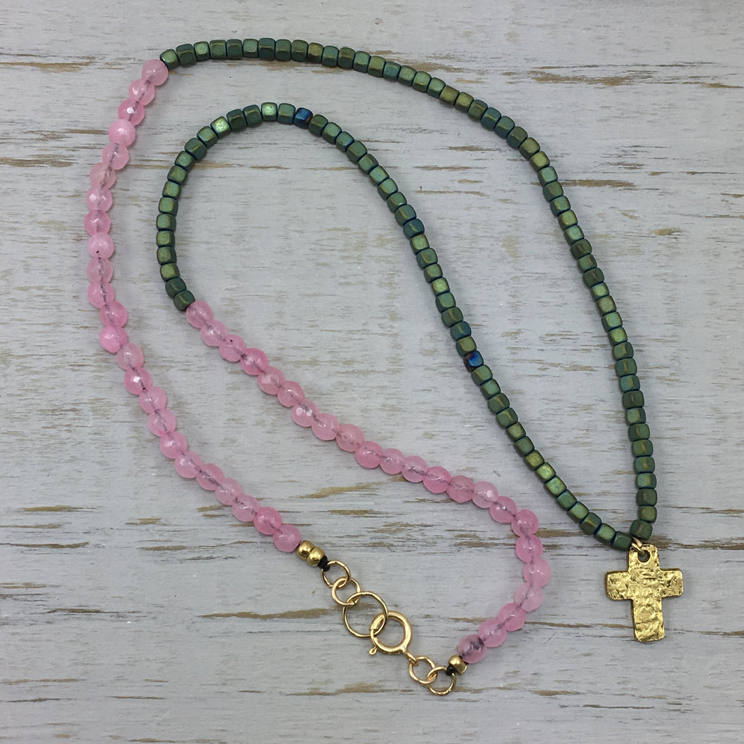 Dainty Cross Necklace with Rose Agate and Hematite Gemstones
