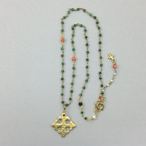 Gold Celtic Cross Pendant on Handmade Gemstone Necklace of Malachite with Coral and Pearl Accents