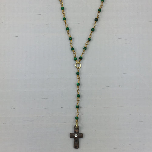 Dainty Cross on Malachite Lariat Necklace