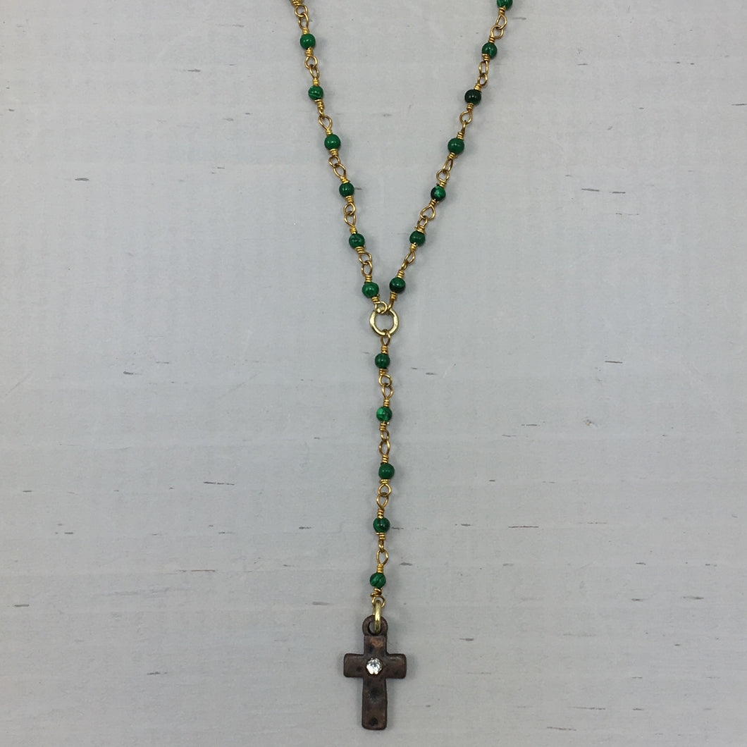 Dainty Cross on Malachite Lariat Necklace