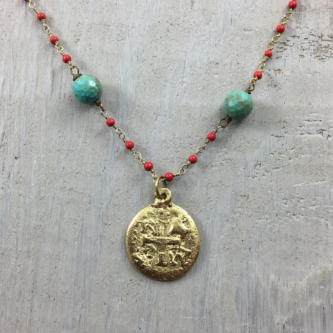 Unique Doubloon Cross on Handmade Red Coral Gemstone Necklace