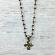 Handmade Cross Necklace with Garnet Rosary Beads