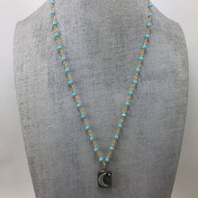 Handmade Turquoise Blue Chalcedony Gemstone Necklace with Half Moon Tag Pendant