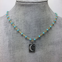 Handmade Turquoise Blue Chalcedony Gemstone Necklace with Half Moon Tag Pendant