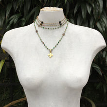 Gold Cross Pendant on Handmade Chrysoprase and Smokey Quartz Gemstone Necklace layered