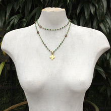 Gold Cross Pendant on Handmade Chrysoprase and Smokey Quartz Gemstone Necklace