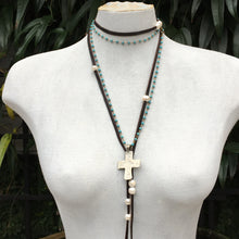 Handmade Silver Cross on Long Turquoise Gemstone Necklace layered