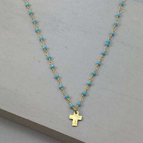 Dainty Cross on Turquoise Blue Chalcedony Necklace