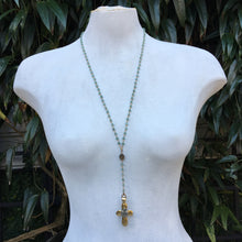 Heart Cross Pendant on Lariat Necklace using Apatite Chalcedony and Smoky Quartz Gemstones