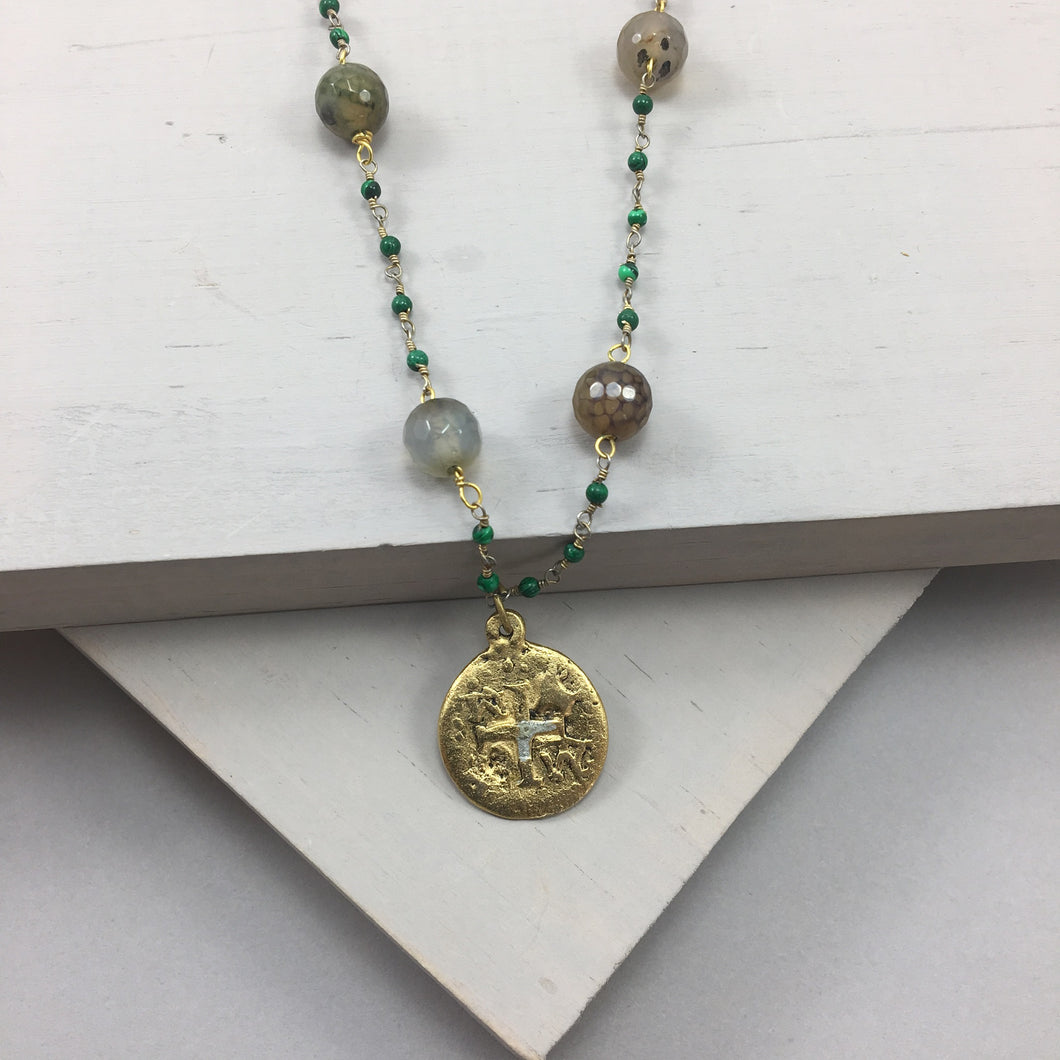 Unique Doubloon Cross Jewelry on Green Malachite Necklace