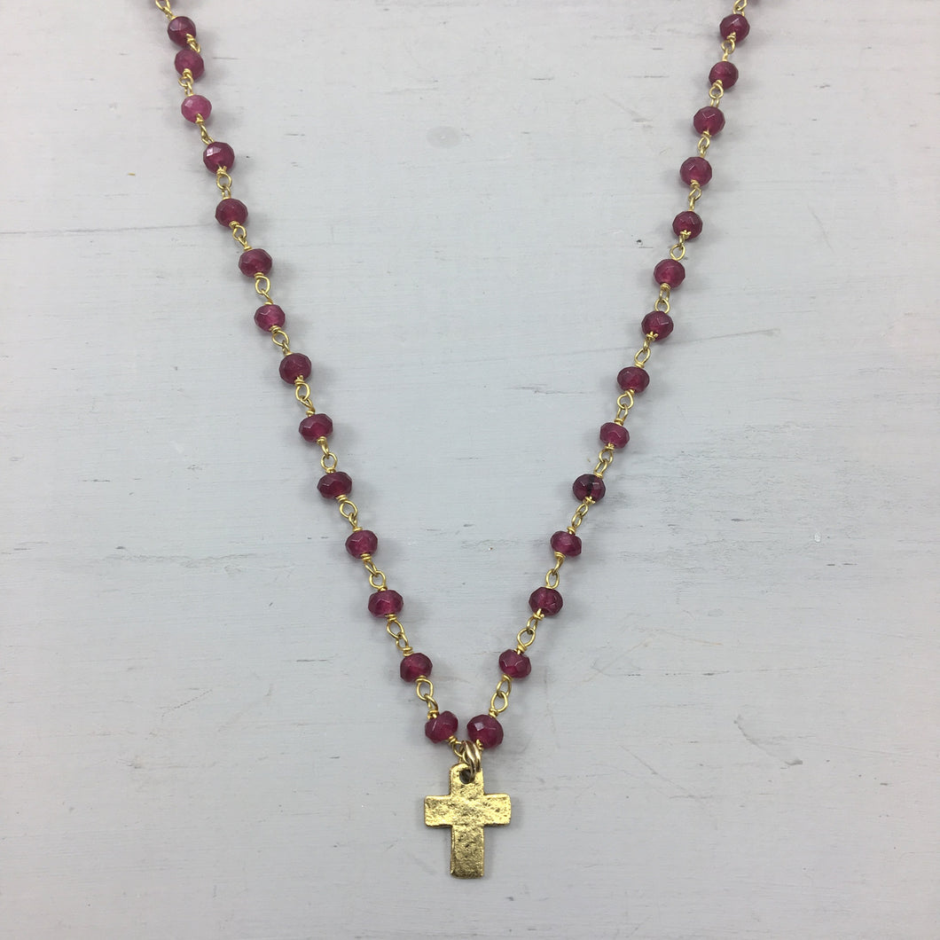 Dainty Cross on Ruby Chalcedony Gemstone Necklace