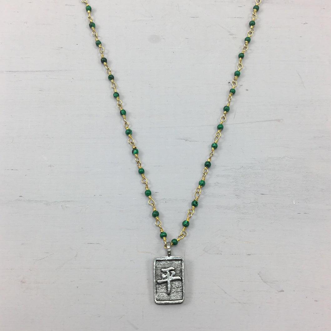 Boho Style Necklace of Malachite with Peace Tag Pendant