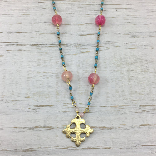 Unique Celtic Cross Jewelry on Heshi Turquoise Necklace With Pink Agate Accents